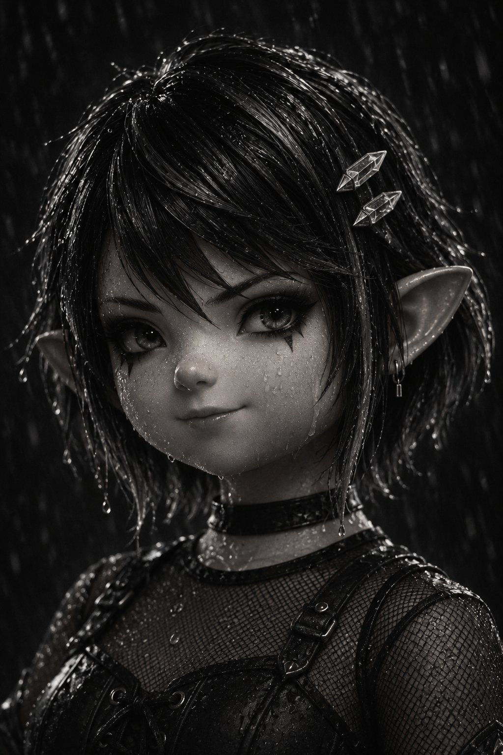 Schwarzweißporträt von Witchlet mit Regentropfen im Haar