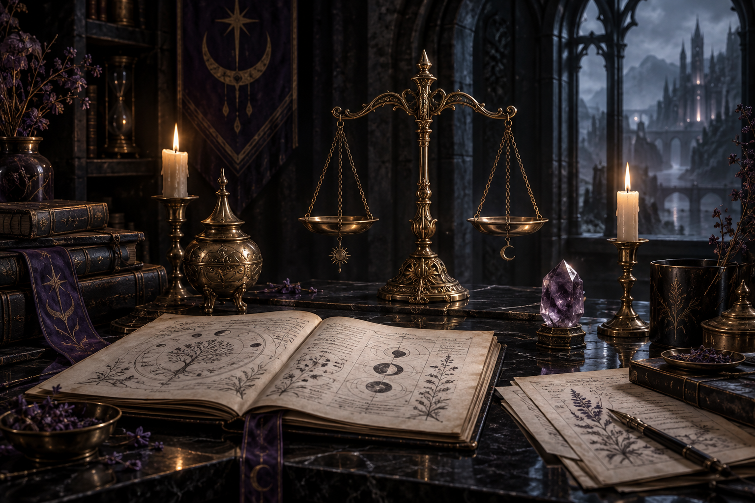 Eine Waage zwischen Büchern und alchemistischen Instrumenten in einem dunklen Archiv